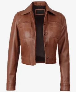 Womens Cognac Brown Cropped Harrington Leather Jacket