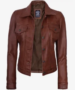 Womens Cognac Brown Trucker Leather Jacket