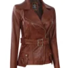 Women's Cognac Wax Belted Leather Jacket