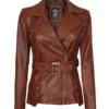 Women's Cognac Wax Belted Leather Jacket