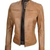 Women's Dodge Camel Brown Cafe Racer Leather Jacket