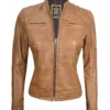 Women's Dodge Camel Brown Cafe Racer Leather Jacket