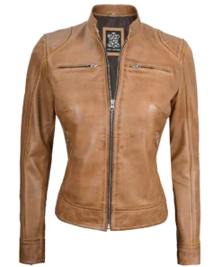 Women's Dodge Camel Brown Cafe Racer Leather Jacket