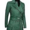 Women's Green Belted Real Leather Jacket
