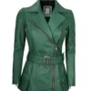 Women's Green Belted Real Leather Jacket