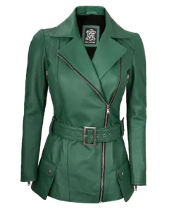 Women's Green Belted Real Leather Jacket
