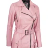 Women's Pink Belted Real Leather Jacket