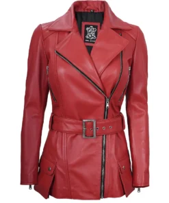 Women's Red Belted Real Leather Jacket