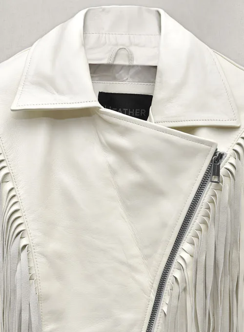 Womens Stylish White Fringed Leather Jacket