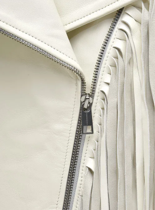 Womens Stylish White Fringed Leather Jacket