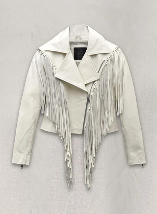 Womens Stylish White Fringed Leather Jacket