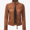 Women's Tan Cafe Racer Leather Jacket