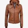 Womens Tan Wax Hooded Leather Jacket