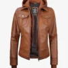 Womens Tan Wax Hooded Leather Jacket