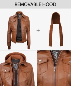 Womens Tan Wax Hooded Leather Jacket